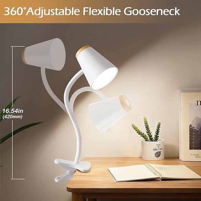 EJIAXIN Clip on Desk Lamp for Home Office - Small LED Touch Dimmable Reading Light for College Dorm Room - Adjustable Flexible Gooseneck Clamp Light Table Lamp for Bedside Bedroom Bed Headboard White