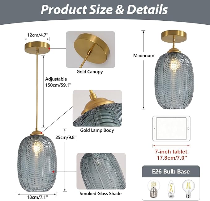 KCO Lighting Smoked Glass Globe Pendant Light Antique Gold Pendant Lights Nordic Blown Glass Pendant Light Single Hanging Light Fixture Mid Century Modern Entry Lighting