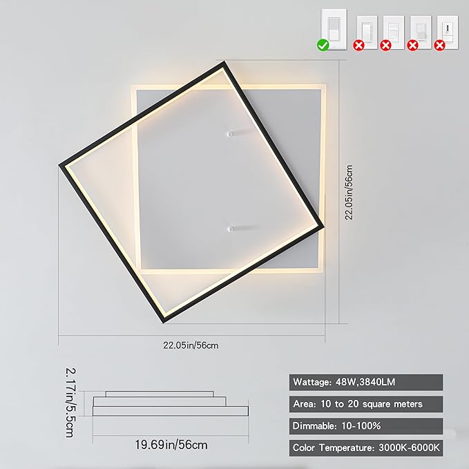 Black Modern LED Bedroom Ceiling Light Dimmable Flush Mount Ceiling Light Fixture 22" Square Ceiling Lamp with Remote Control Kitchen Lighting Fixture Ceiling,Suitable for Bedroom,Hallways