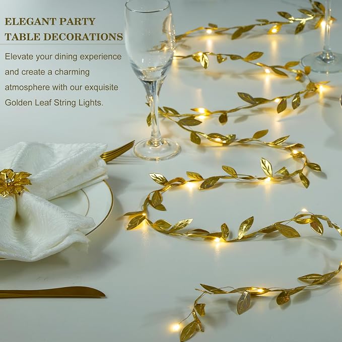 AdasBridal 6.56ft Gold Leaf String Lights 20 LED Fairy Lights Battery Operated Artificial Plant Vine Light for Wedding Birthday Party Decoration Indoor Outdoor Table Decor DIY Crafts, 2pcs
