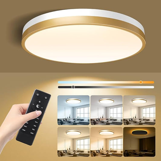 Lightania 15 Inch Flush Mount Ceiling Light with Remote Control & Night Light, 5CCT Dimmable Ceiling Light Fixture, 35W 3500LM 2700K-6500K Adjustable LED Ceiling Lights for Bedroom Kitchen, White Gold
