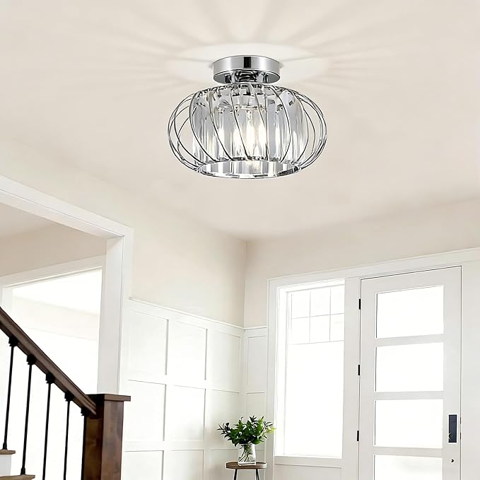 Semi Flush Mount Crystal Ceiling Light, Metal Cage Hallway Ceiling Lamps, Farmhouse Ceiling Light Fixture, Industrial Crystal Chandelier for Corridor Bathroom Kitchen (1, Chrome, 11 Inch)