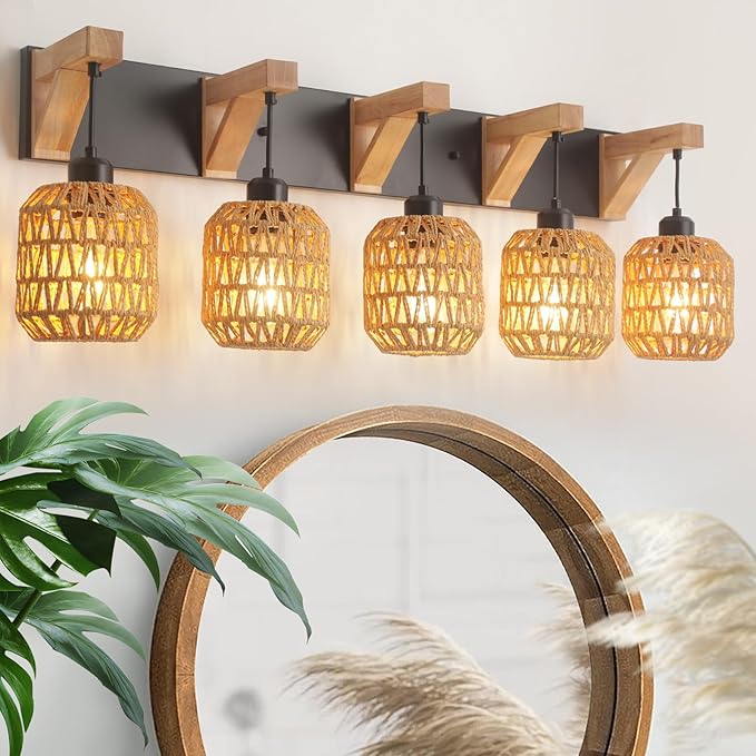 5-Light Bathroom Vanity Light Fixtures, Rustic Style Rattan Vanity Lights with Handmade Bamboo Woven Boho Wicker Lampshade, Farmhouse Wooden Bracket, Suit for Stairway Bedroom and Hallway