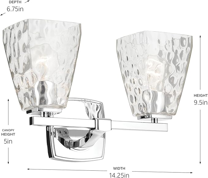 Kichler Marant 14.25" 2-Light Bathroom Vanity Light Fixture with Clear Water Glass in Chrome, Modern Wall Mount Light for Bathroom, Powder Room, Over Mirror (14.25" W x 9.5" H), 55215CHWTR