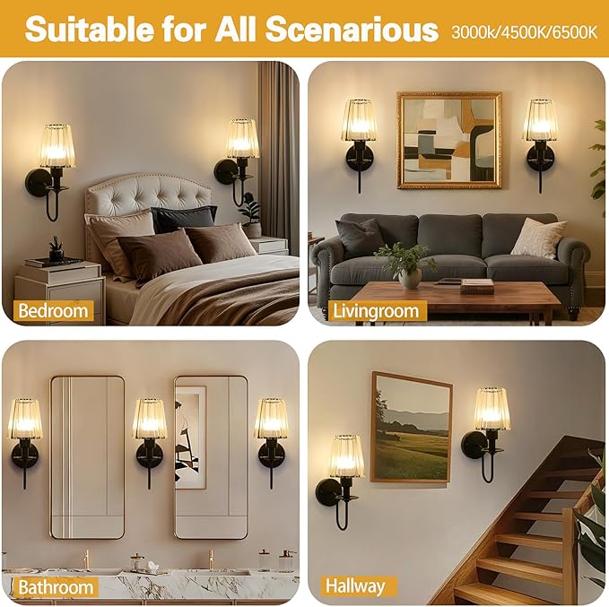 Battery Operated Wall Sconces Set of 2 – 5200mAh Rechargeable Crystal Glass, 15 Colors & 10-Level Dimmable, Wireless Wall Lights for Living Room & Bedroom,Black