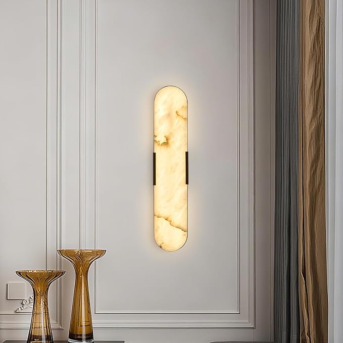 Alabaster Wall Sconces 20" Black Natural Marble Wall Sconce LED Hardwired Lighting Fixture Marble Bathroom Vanity Sconce Luxury Indoor Alabaster Wall Lamps for Living Room Hallway Stairway