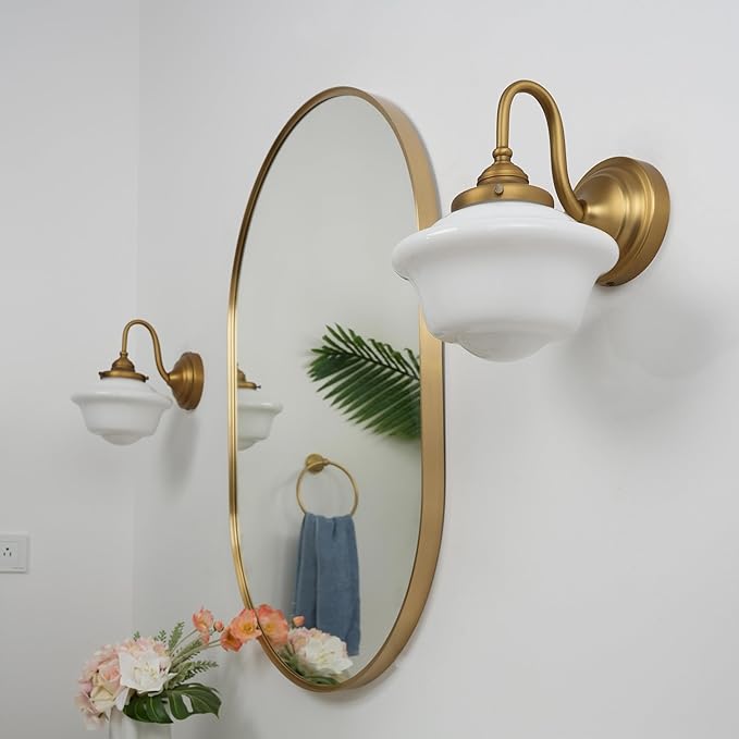 Pathson Vintage Wall Sconce with Milk White Glass, Hardwired Swan-Neck Wall Vanity Light Bathroom Sconce Fixture for Living Room, Foyer, Loft, Bedroom, Farmhouse Lamp