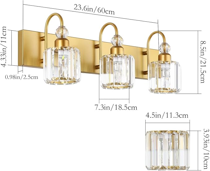 Ralbay Gold Bathroom Vanity Lights 3-Lights Gold Crystal Vanity Lights Over Mirror Modern Crystal Bathroom Vanity Lighting Fixtures