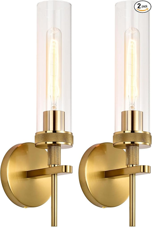 Gold Bathroom Light Fixtures Over Mirror, Hardwired Vanity Lights Set of 2 with Knurled Texture, Brushed Gold Wall Sconces with Clear Glass Shade, Modern Industrial Bathroom Lighting for Bedroom