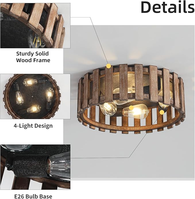 Farmhouse Flush Mount Ceiling Light, 17 Inch 4-Light Metal and Wood Close to Ceiling Light Fixture, Rustic Ceiling Light for Kitchen, Dining Room, Living Room, Hallway, Entryway