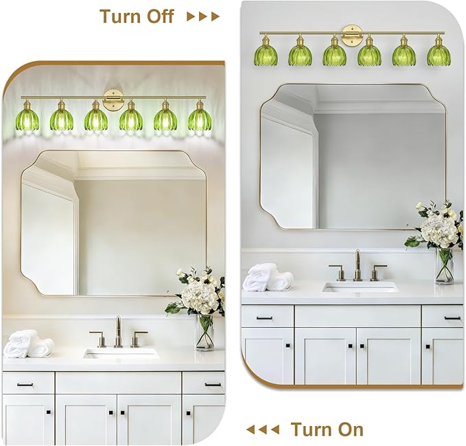 Vintage Bathroom Light Fixtures,6-Light Hardwired Vanity Lights with Green Tulip Glass Shade,Gold Bathroom Vanity Light for Mirror Restroom,E26 Socket,40.55 in(Bulbs Not Included)