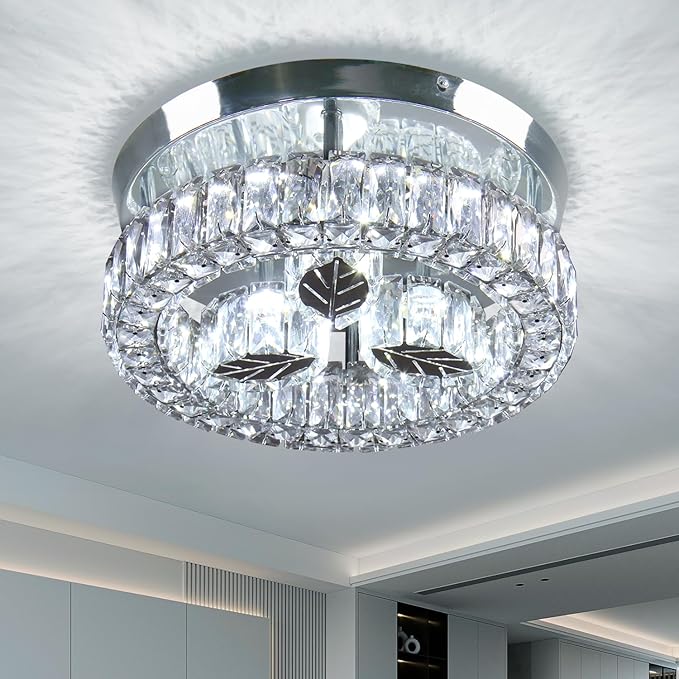Finktonglan Crystal Flush Mount LED Ceiling Light, 11.6" Round Modern Flush Mount Ceiling Light, 30W 6500K Cool White, K9 Crystal & Stainless Steel, Non-Dimmable
