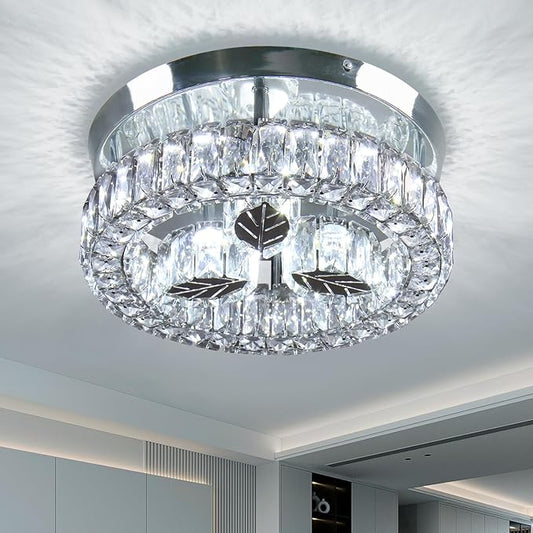 Finktonglan Crystal Flush Mount LED Ceiling Light, 11.6" Round Modern Flush Mount Ceiling Light, 30W 6500K Cool White, K9 Crystal & Stainless Steel, Non-Dimmable
