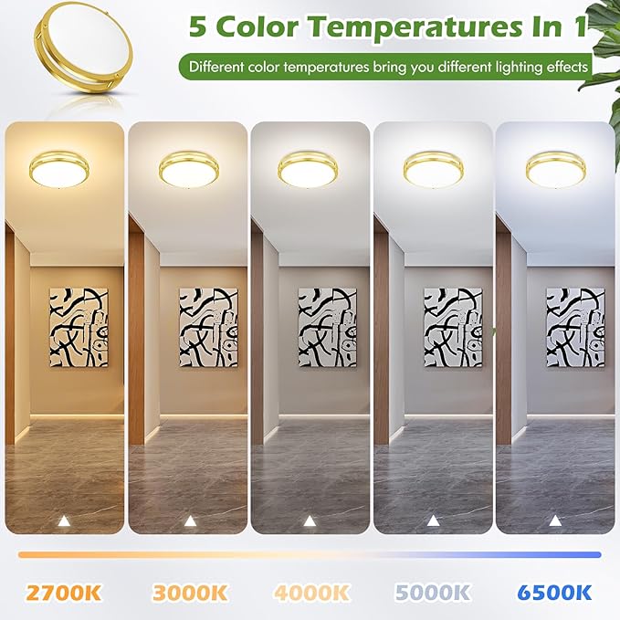 GoBright 2-Pack Gold Flush Mount LED Ceiling Light Fixture, 12IN 2700K/3000K/3500K/4000K/5000K Adjustable Ceiling Lights, 3600lm Super Bright Dimmable Lighting for Bedroom Hallway Kitchen