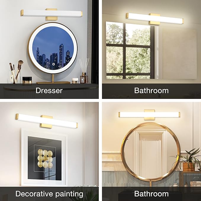 LED Bathroom Vanity Light fixtures 24in Metal Brass, 14W 4000K Natural White Square Wall Fixture, Modern Lighting for Over Mirror, Damp Rated
