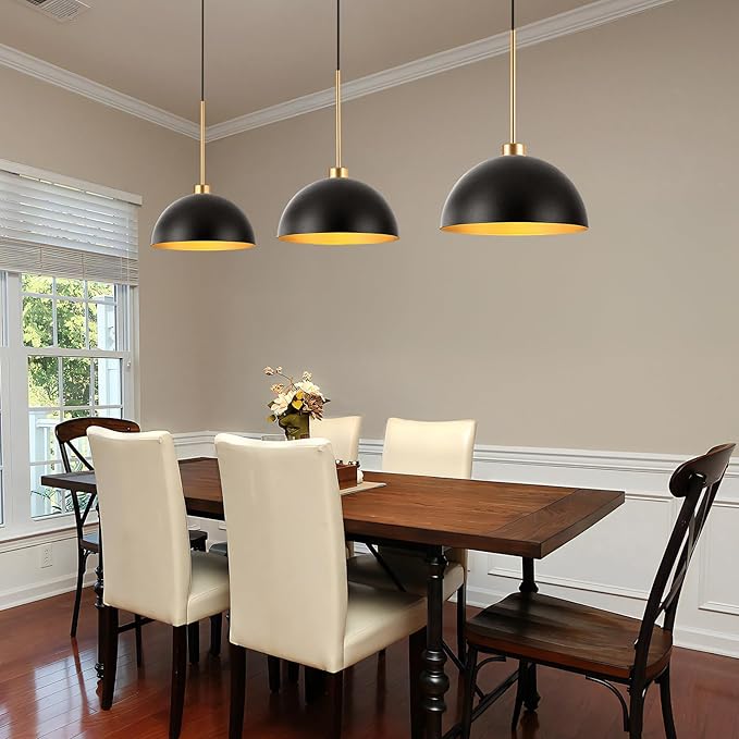 Farmhouse Pendant Lights, 3-Light Black and Gold Dome Pendant Light Fixtures,Industrial Kitchen Island Lighting for Dining Room Bar, E26 Base
