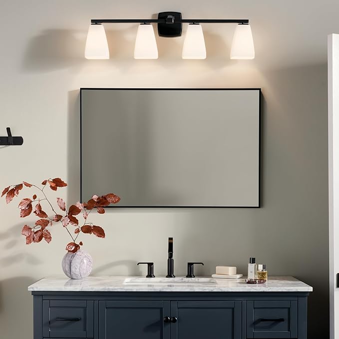 Kichler Marant 33.25" 4-Light Bathroom Vanity Light Fixture with Opal Glass in Black for Over Mirror, Modern Wall Mount Lighting for Powder Room (33.25" W x 9.5" H), 55217BK
