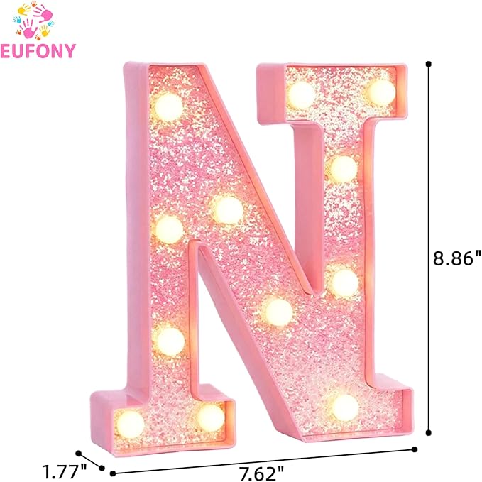 Pink Marquee Light Up Letters, Glitter Alphabet LED Letter Lights for Pink Birthday Party Decorations, Battery Operated Letter Sign for Girls Room Vanity Table Decor, Warm White Lights Letter N