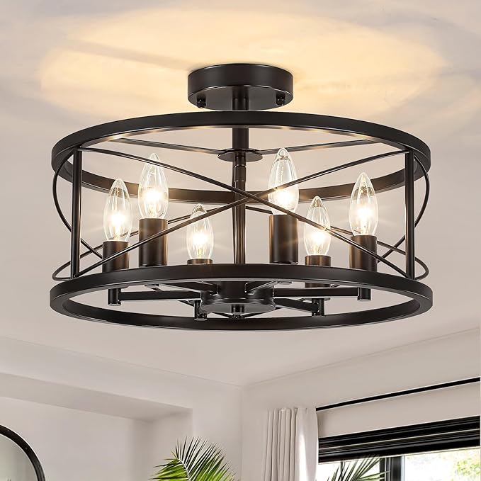 6-Light Black Semi Flush Mount Ceiling Light, 16.53'' Modern Farmhouse Close to Ceiling Light Fixtures, Ceiling Lamp for Hallway Entryway Foyer Dining Room Living Room Bedroom Kitchen Light Fixtures