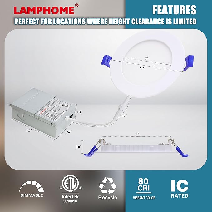 LAMPHOME 24-Pack of 4-Inch Slim LED Recessed Lights with Junction Box, Adjustable Color Temperatures (2700K-5000K), 9W Equivalent to 75W, Dimmable, 950LM Brightness - ETL and Energy Star Certified