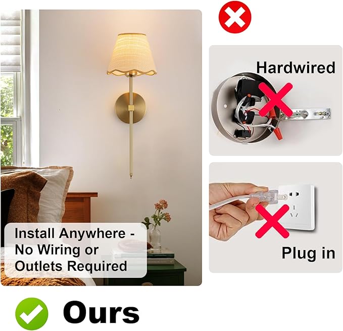 ADISUN Battery Operated Wall Sconce Set of 2, Gold Wall Lamps Rechargeable Bulbs for Living Room, Rattan Shade Wireless Wall Lights for Bedroom Living Room Hallway Kitchen(2 Bulbs Included)