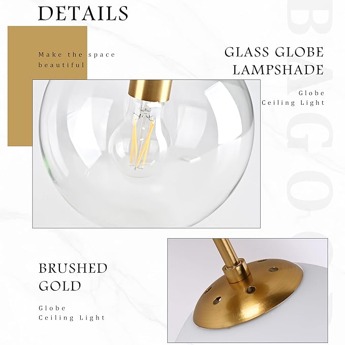 8 Inch Gold Semi Flush Mount Ceiling Light Fixture Clear Glass Globe Ceiling Light Fixture Modern Hallway Light Fixtures Mid Century Ceiling Light Brass Finish for Entryway Bedroom (Bulb Incl.)