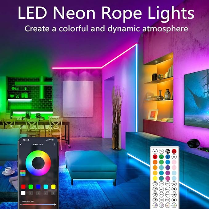 50FT Neon Rope Lights,Flexible Led Light Control with App/Remote,Multiple Modes,IP65 Outdoor Waterproof,Music Sync Strip for Bedroom