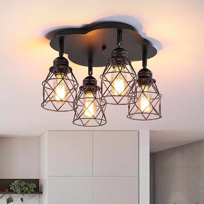 Kitchen Light Fixtures Ceiling Mount, Adjustable Semi Flush Mount Ceiling Light, Multi-Directional Lamp for Kitchen, Hallway, Dining Room, Farmhouse with E26 Base (Black 4-Light)