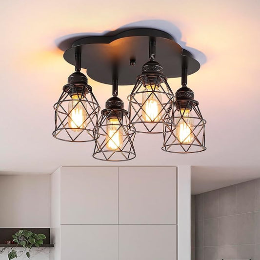 Kitchen Light Fixtures Ceiling Mount, Adjustable Semi Flush Mount Ceiling Light, Multi-Directional Lamp for Kitchen, Hallway, Dining Room, Farmhouse with E26 Base (Black 4-Light)