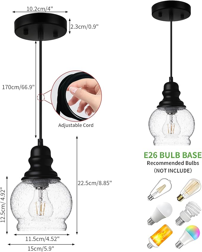WILON Kitchen Island Light Fixtures, Black Pendant Light with Seeded Glass Shade Mini Pendant Lighting for Kitchen Island, Farmhouse Ceiling Light for Kitchen Island Dining Room Hallway Living Room