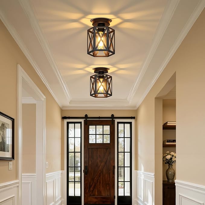 2 Pack Modern Semi Flush Mount Ceiling Light,Hexagon Flush Mount Ceiling Lights for Dining Room Light Fixture,Farmhouse Black Metal Kitchen Island Lighting Fixtures for Hallway,Bathroom