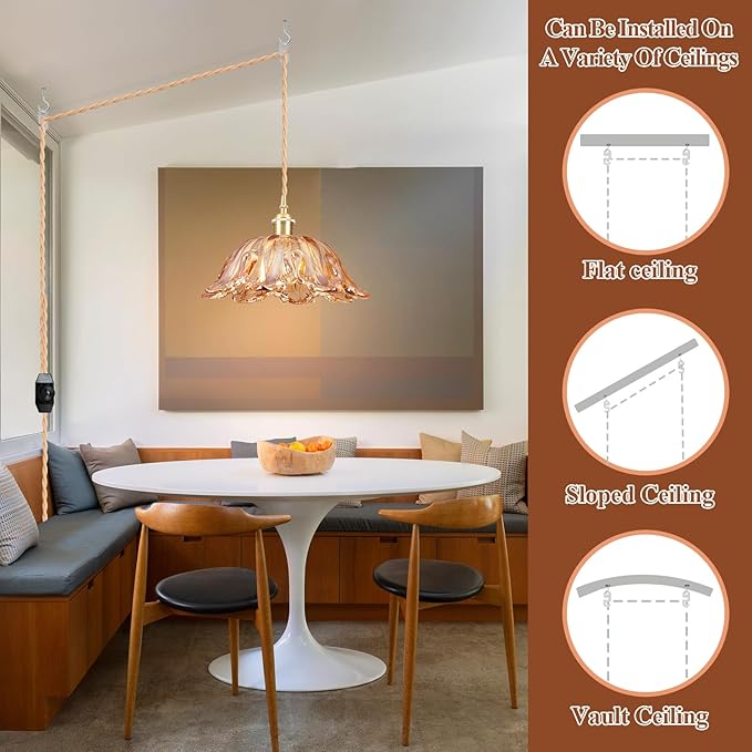 Plug in Pendant Light Fixtures,Hanging Light Fixture Amber Glass Pendant Light 10.6in E26 Pendant Lighting for Kitchen Island, Bedroom, Dining Room, Living Room