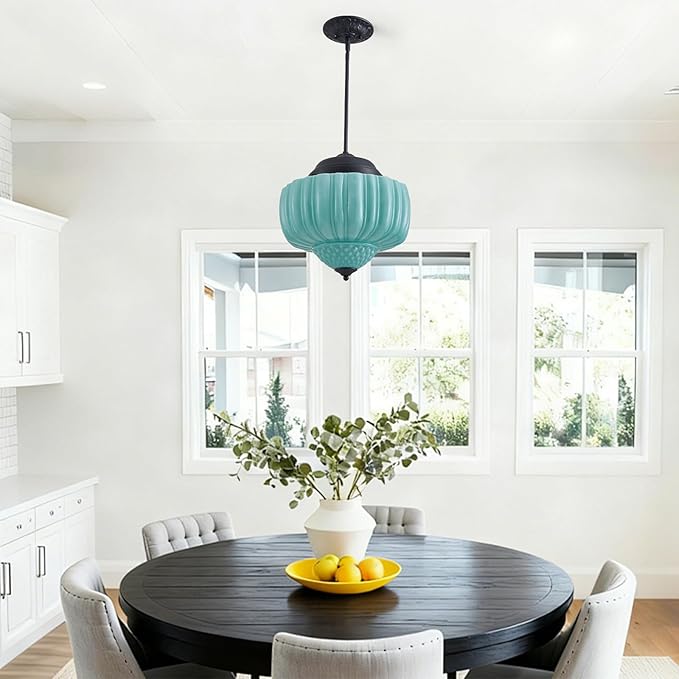 13.8" Milk Glass Ceiling Light Fixture 3 Lights Vintage Chandelier Schoolhouse Pendant Light with Mint Green Glass Shade, Mid Century Lighting Fixture for Kitchen Island Dining Room