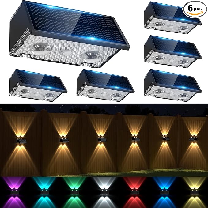 Solar Fence Lights Outdoor Waterproof, Warm & Cool White RGB Dusk to Dawn LED Wall Mount Sconce Light Up & Down Deck Lights Solar Powered for Outside Garden Patio Backyard Garage(6 Pack)