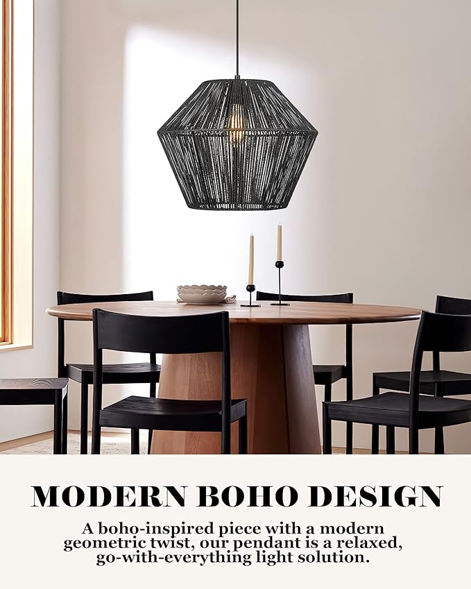 ELYONA Modern Woven Pendant Light Fixtures, 7" Farmhouse Coastal Hanging Lamp, Matte Black Handwoven Rattan Basket Shade, Boho Pendant Light for Kitchen Island Bar,Dining Room, Bedroom,Hallway 3 Pack
