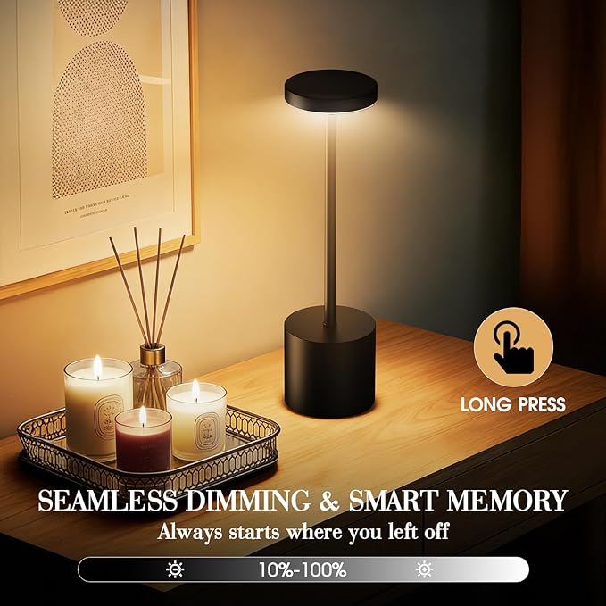 AUDLES Cordless Table Lamp, 5000mAh Rechargeable Lamp with Touch Control & Stepless Dimming, 3 Light Modes, IP54 Waterproof Portable Light for Dining Table, Patio, Bathroom, Power Outage (Black)