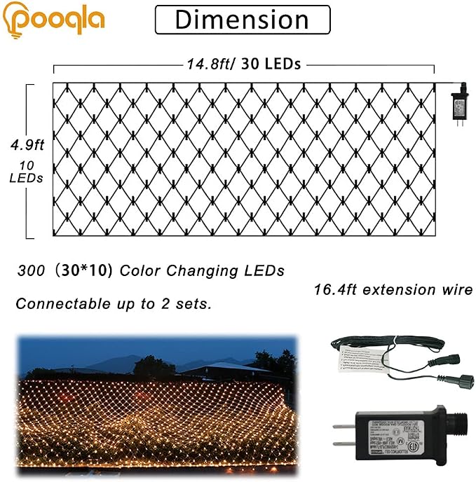 Pooqla Net Lights, 300LED Christmas Outdoor Mesh Light, 14.8x4.9 ft Fairy String Mesh Light 8 Modes Green Wire, Connectable Waterproof Net Lights for Bushes Tree Yard Christmas Decor, Warm White