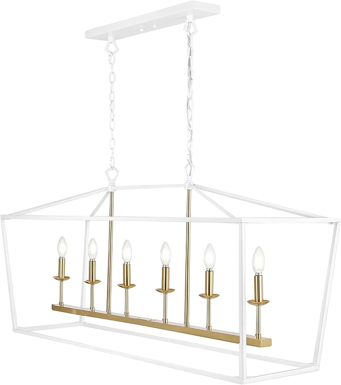JONATHAN Y 49" White/Brass Gold Lantern Pendant Light, 1-Light Pagoda Style Metal Cage Farmhouse Hanging Ceiling Fixture for Kitchen Island, LED Bulb Included (JYL7439E)