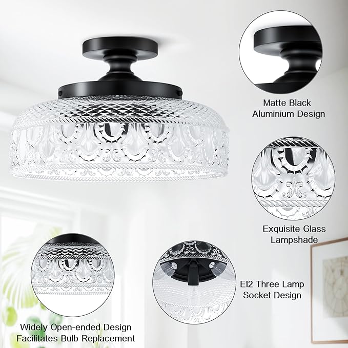 Lamomo Semi Flush Mount Ceiling Light, Upgraded Larger 12 Inch Black Hallway Light Fixture, 3 Light Globe Glass Close to Ceiling Light, Indoor Hanging Light for Bedroom Kitchen Porch Hallway