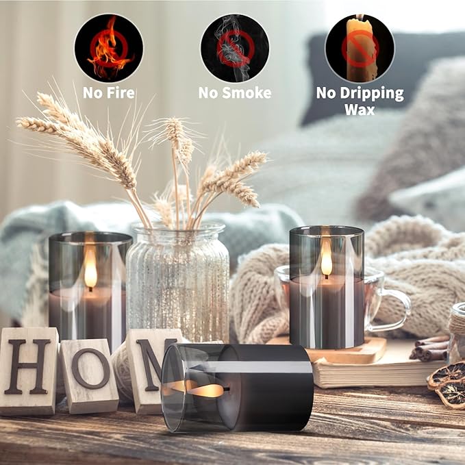 VIODAIM 6Pack Glass Flickering Flameless Candles with Remote, 2"X3" Real Wax Votive Candles Battery Operated, Small Electric LED Candles for Wedding Home Decor, w/4 Timers+2 Lighting Modes [Gray]