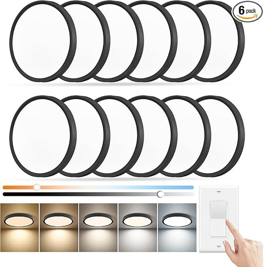 12 Inch 12PK Dimmable LED Flush Mount Ceiling Light,2700K/3000K/4000K/5000K/6000K CCT Selectable, Round Flat Panel Ceiling Lamp for Bedroom/Bathroom/Living Room (Black, 12" 12PK)