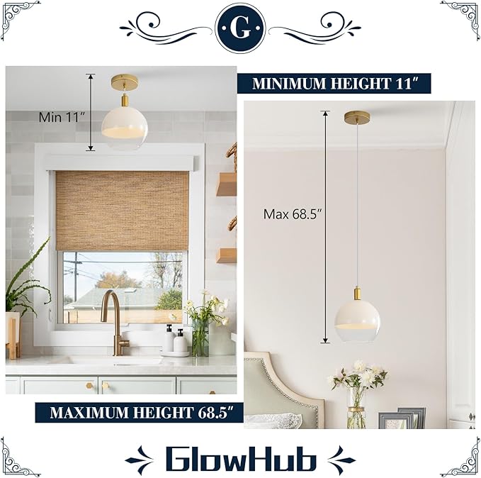 GlowHub Gold Glass Pendant Light for Kitchen Island Milk White Modern Pendant Light Fixture 1-Light Globe Ceiling Hanging Light Adjustable for Farmhouse Dining Room Bedroom Hallway