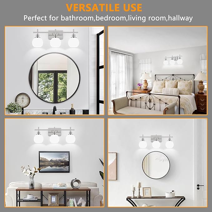 Dpyrrhic Modern Vanity Lighting Fixtures,3-Light Bathroom Lighting Fixtures Over Mirror，Brushed Nickel Wall Mounted Bathroom Vintage Lamp with Milky White Glass Lampshade for Living Room，Bedroom
