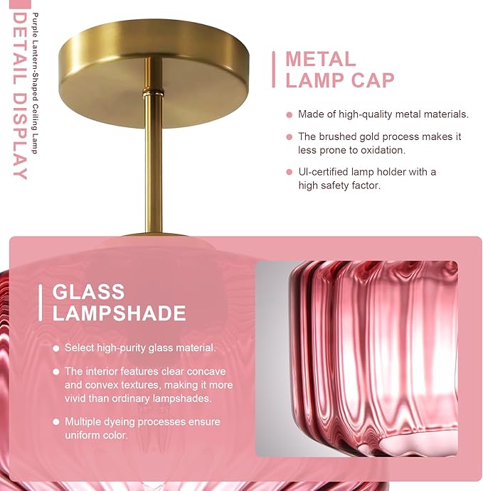 Art Deco Purple Ceiling Light Glass Semi-Flush Mount with Gold Finish, Bedroom Light Fixtures for Bathroom Living Room Entryway Closet Light