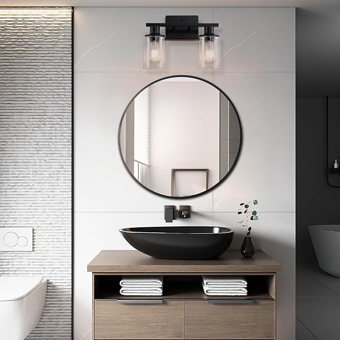 2-Light Matte Black Bathroom Vanity Light,Bathroom Light Fixtures Over Mirror with Clear Glass Shade,Modern Farmhouse Wall Sconces Lighting for Kitchen Living Room Cabinet