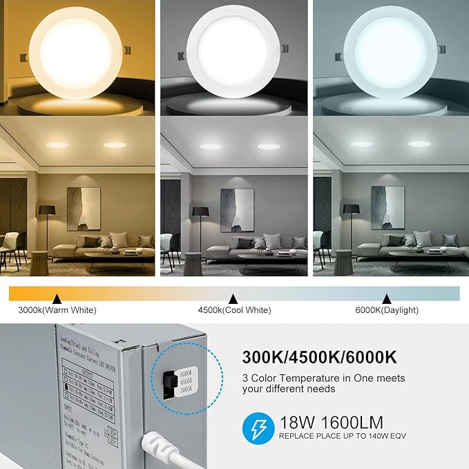Elaruslux 7 Inch 3CCT Ultra-Thin LED Recessed Light with Junction Box, 3000K/4500K/6000K Selectable, 18W Eqv 125W, Dimmable Ceiling Lights 1600LM Brightness Canless Wafer Downlight