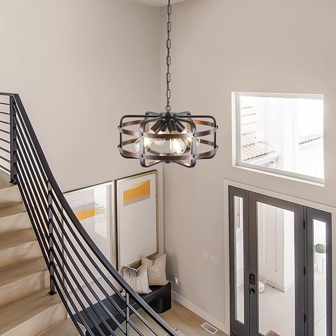 17.71" Modern Farmhouse Chandelier 4-Lights Cage Industrial Black Chandeliers for Dining Room Light Fixture Rustic Lantern Pendant Vintage Lighting Fixtures for Foyer Kitchen Entryway Living Room E26