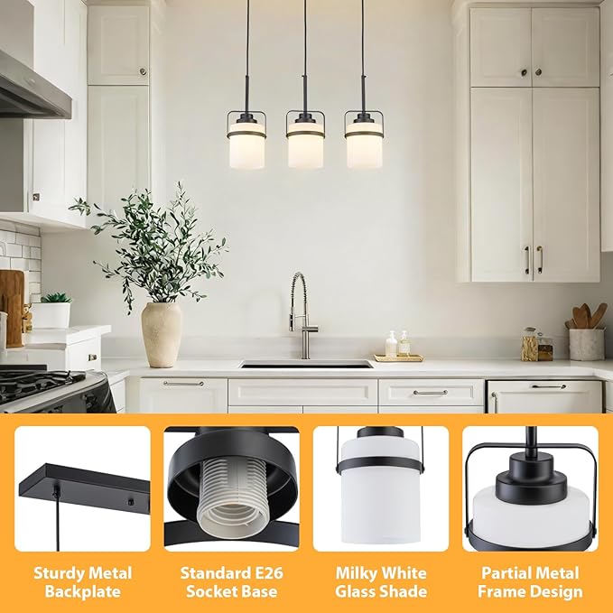 Black 3-Light Pendant Lighting, Adjustable Hanging Light Fixture with Milk Glass Shade, Modern Pendant Light for Kitchen Island Dining Room Bar Over Sink/Table/Counter