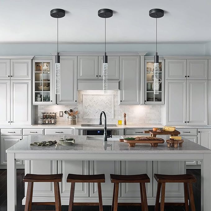 Modern Kitchen Island Pendant Light Dimmable LED Black Finish Mini Crystal Pendant Lighting Bedroom Bedside Table Small Pendant Lights（3-Pack）
