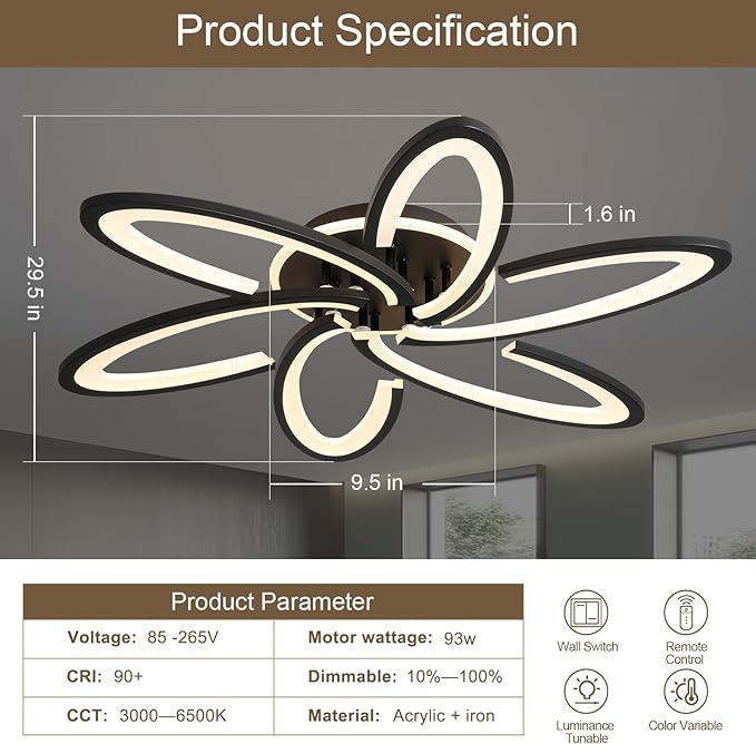 Modern LED Ceiling Light, 6+1 Rings 93W Dimmable Ceiling Light Fixtures 29.5" 3000K-6500K Flush Mount Black Flower Ceiling Lamp with Remote for Living Room,Bedroom,Kitchen